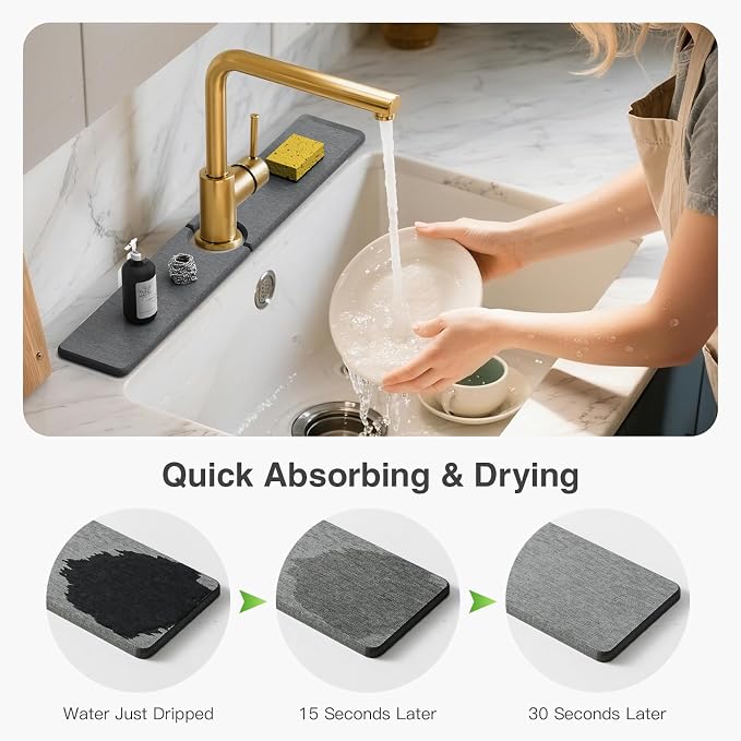 Premium Stone Faucet Mat for Kitchen Sink, 23.6" x 4" Dark Gray | Quick Drying & Water Absorbent, Sink Splash Guard Tray for Prevents Moisture Buildup - Image 3