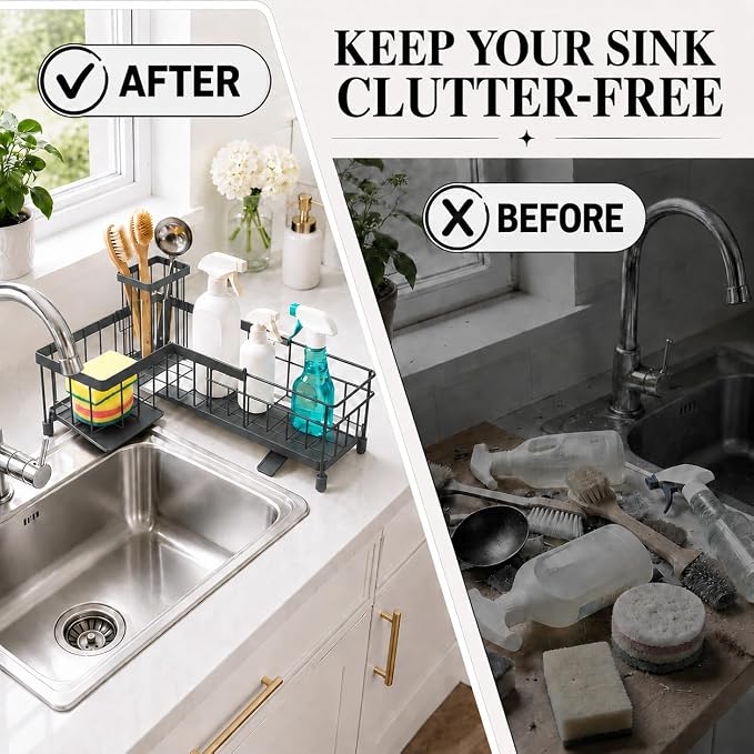 Extendable Corner Sink Sponge Holder, Quick-Drain Caddy for Kitchen Sink, Grey - Image 4