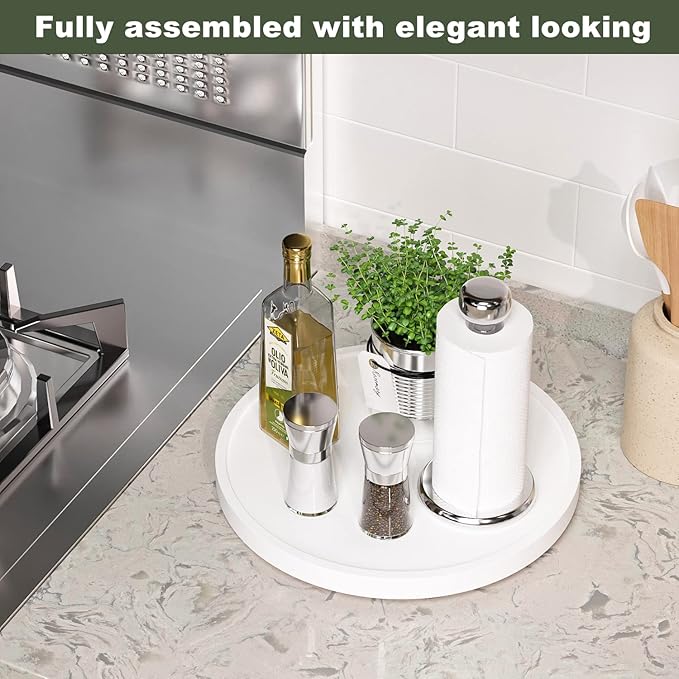 White Lazy Susan for Table, 12 Inch Non-Skid Bamboo Turntable Organizer | Salt Pepper Spices and Olive Oil Next to Stove, Wooden Lazy Susan Organizer for Kitchen Countertop Organizer - Image 2