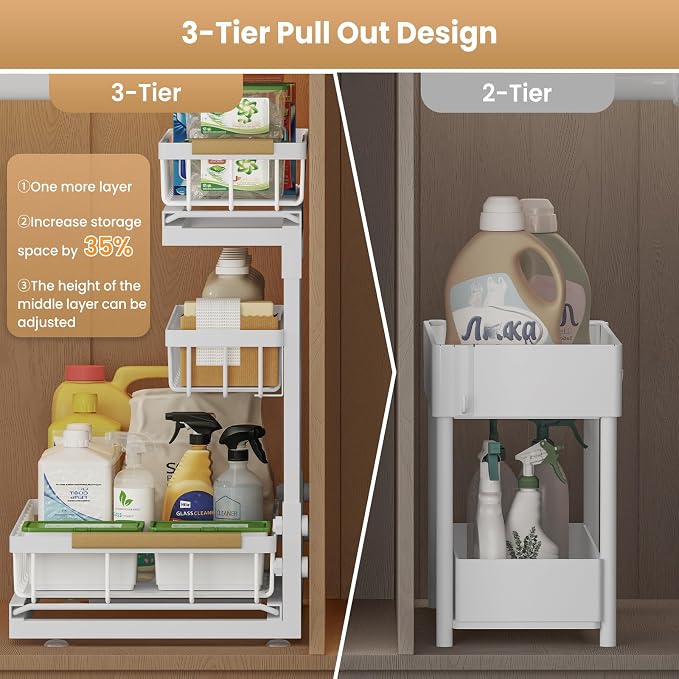 Under Sink Organizer and Storage for Bathroom and Kitchen - 1 Pack 3 Tier | Cabinet Pull Out Shelf Organizers - Slide Out Drawer Organization for Home Cabinets Shelves and Drawers - Image 5