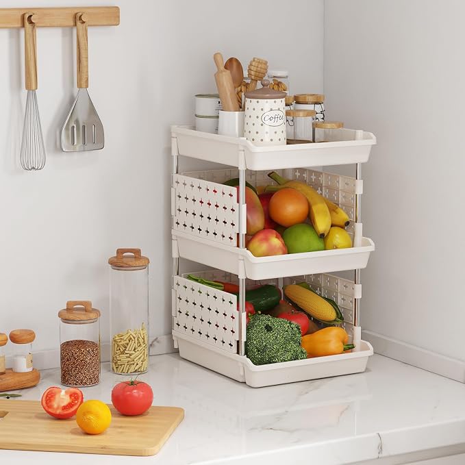 Lifewit 3 Tier Plastic Stackable Storage Baskets for Clothes 1 Pack, White | Stacking Bins for Food, Multifunctional Organizer for RV, Kitchen, Playroom, Pantry and Bathroom - Image 2