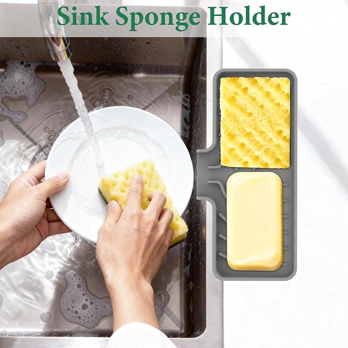 GUUKIN Sponge Holder for Kitchen Sink, 10"x 4" Kitchen Sink Organizer, Sink Caddy and Soap Tray,Compatible with Scrub Daddy, Kitchen Sink Accessories (Grey) - Image 3