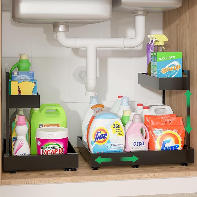 Under Sink Organizer, L-Shaped Pull Out Cabinet Rack for Kitchen | Expandable Width, 6-Level Height, Built For Bathrooms And Laundry Rooms, Quiet Sliding Rails, Duty Alloy Steel Frame,2 Pack by REALINN