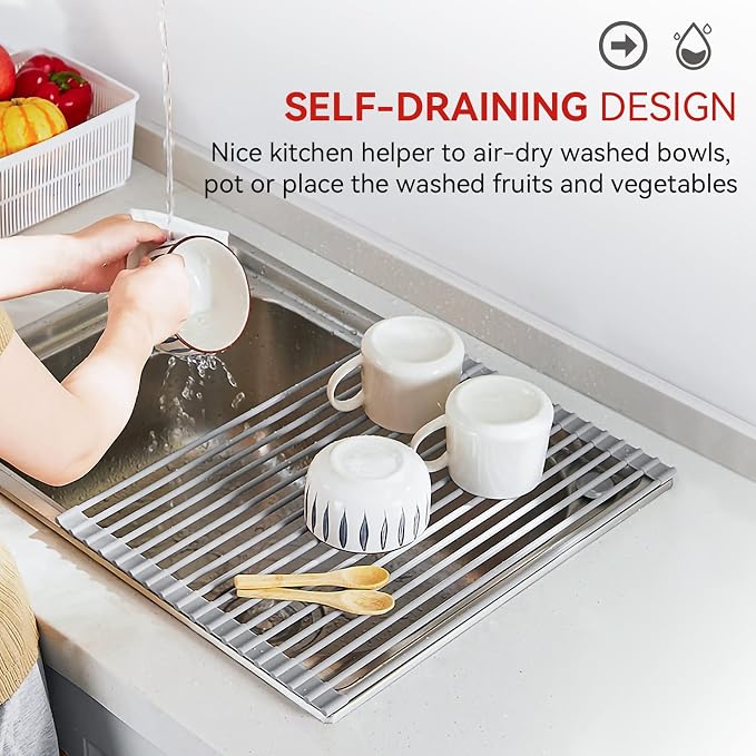 MERRYBOX Roll Up Dish Drying Rack, Over The Sink Dish Rack Foldable, Heat-Resistant, Anti-Slip Silicone Coated Dish Drainer for Kitchen Counter, Large & Multipurpose Sink Drying Rack, 20.5" x 13.1" - Image 3
