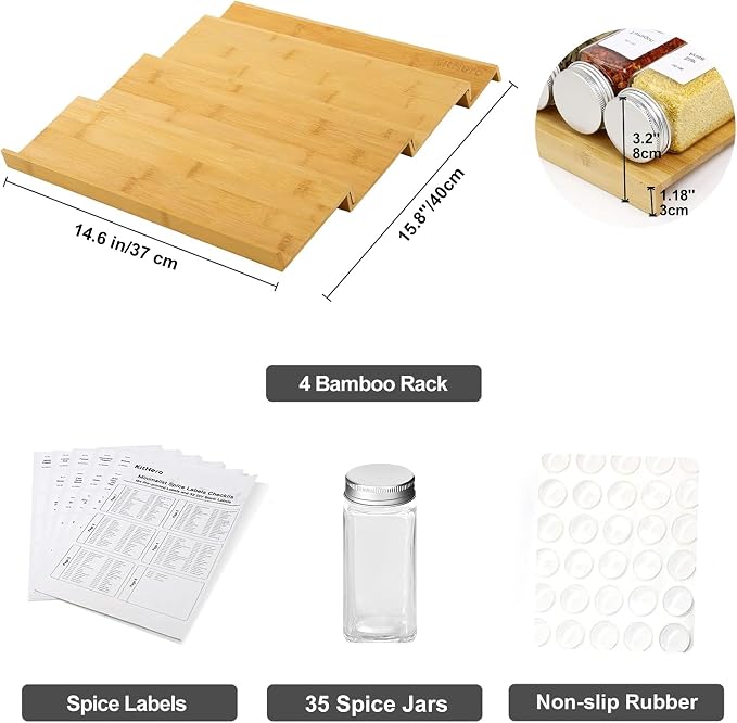 Spice Drawer Organizer with 35 Spice Jars,216 Labels,25 Non-slip Rubber, Bamboo 4 Tier Seasoning Rack Tray Insert for Kitchen Drawers,Cabinets,Countertop,14.6" Wide x 15.8" Deep - Image 3