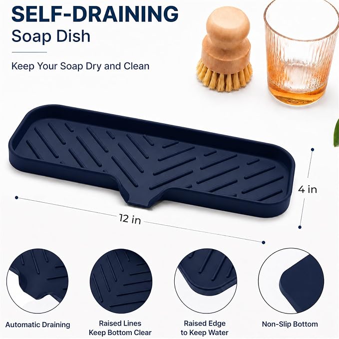 MicoYang Silicone Soap Dish with Drain Spout — Self-Draining Double Sink Organizer Tray for Kitchen & Bathroom, Dispensers, Sponges & Soap Holder, Non-Slip & Dishwasher Safe, Navy Blue (Large, 12"×4") - Image 2