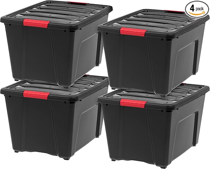 IRIS USA 4-Pack 54 Quart Storage Bins with Lids, Black | Black finish conceals stored items. Perfect for moving, blankets, clothing, and garage storage. Nestable design saves space by IRISUSA