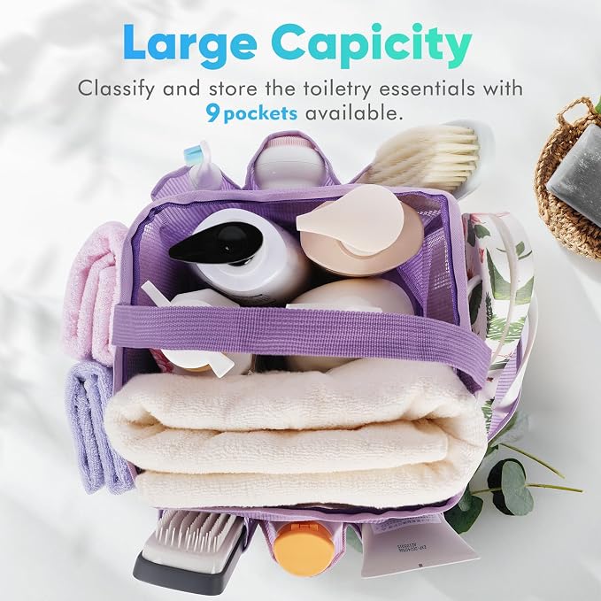 EUDELE 2 Pack Mesh Shower Caddy Portable for College Dorm Room Essentials, Shower Caddy Dorm with 9-Pocket Large Capacity,Shower Bag for Beach,Swimming,Gym All Black+All Pink - Image 3