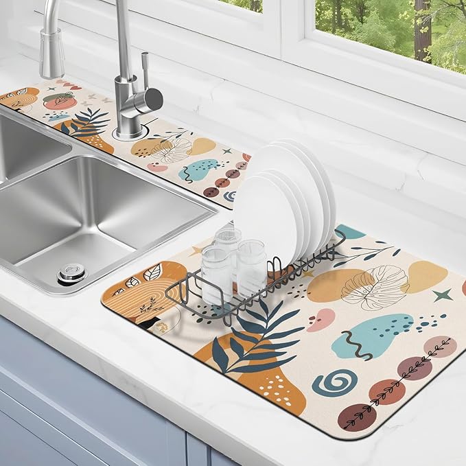 Dish Drying Mat for Kitchen Counter Matt, 2PCS 19"x12" Dish Drainer Mat & 24"x5.5" Sink Splash Guard, Super Absorbent Non-slip Rubber Backed by Kuyig+Home