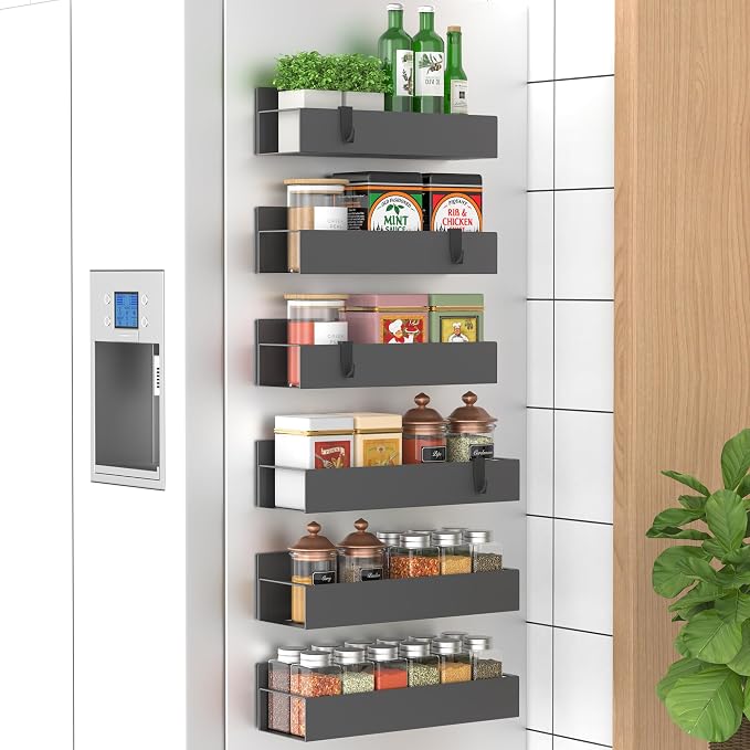 Metal Magnetic Spice Rack for Refrigerator Dark Gray, 6 Pack | Magnetic Shelves Heavy Duty for Fridge in Kitchen, Seasoning Storage Organizer, For Oven Washer and Dryer, For Heavier Items by HuggieGems