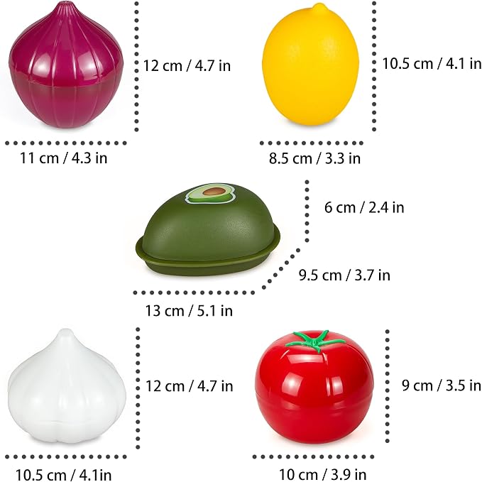 Vegetable and Fruit Storage Containers for Refrigerator, Pack of 5 | Lemon Tomato Garlic Avocado and Onion Storage, Food Storage Containers with Lids - Image 2