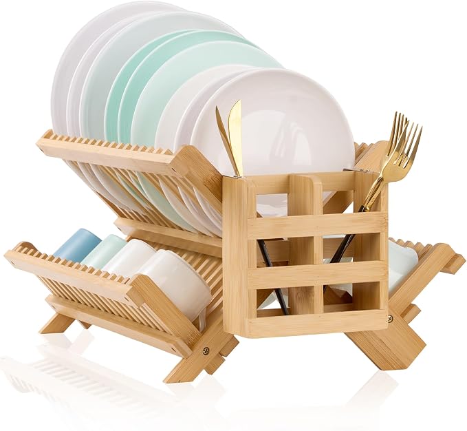 NOVAYEAH Bamboo Wooden Dish Rack, Wooden Dish Drying Drainer Rack | 3-Tier Collapsible Large Dish Drying Rack Holder for Kitchen Counter, Plate Holder Organization with Utensils Flatware Holder by NOVAYEAH