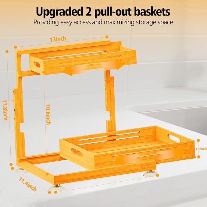 Under Sink Organizer, Premium Bamboo Wood Pull Out Cabinet Organizer, 2 Tier Slide Out Sink Shelf Cabinet Storage Shelves, Under Sink Storage for Kitchen Bathroom Cabinet - Image 2