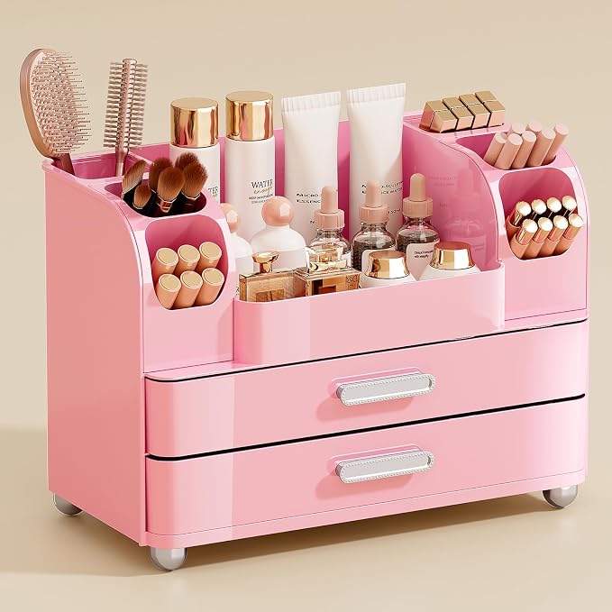 UFORU Makeup Organizer Countertop with 2 Large Drawers for Vanity Bathroom | Brush Holder, Large Capacity, Thickened Plastic, Compact Footprint, Space-Saving Design, Easy Clean, Ideal for Dorm Rooms by UFORU