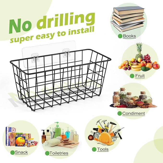 ZUSHALLMY 4 Pack Hanging Kitchen Baskets, Adhesive Wire Wall Storage Basket, No Drilling Hanging Fruit Baskets, Cabinet Door Organizer for Kitchen Bathroom Pantry, Upgrade Super-sized Adhesive (4) - Image 3