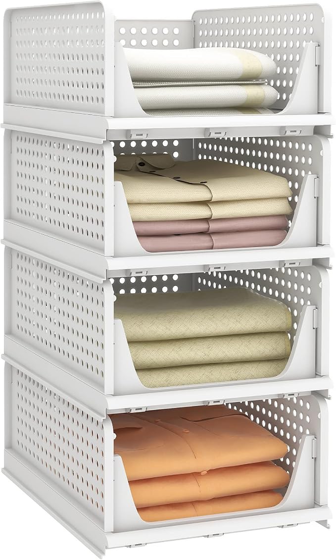 Stackable Plastic Storage Basket, Foldable Closet Organizers, Drawer Shelf Storage Container/Bins for Wardrobe Kitchen Bathroom Office Dorm, White, 4 Packs by Pinkpum