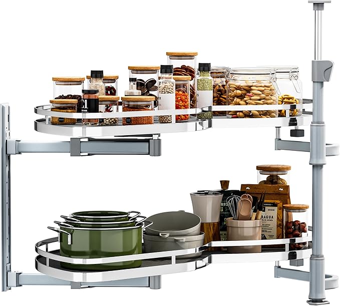 DWVO Corner Cabinet Organizer, 2-Tier Blind Corner Pull Out with 270° Rotating Shelf, Left Swing Tray, Heavy-Duty Iron, Easy-Install Template, 32.7"x17.3"x21.3", Gray by DWVO
