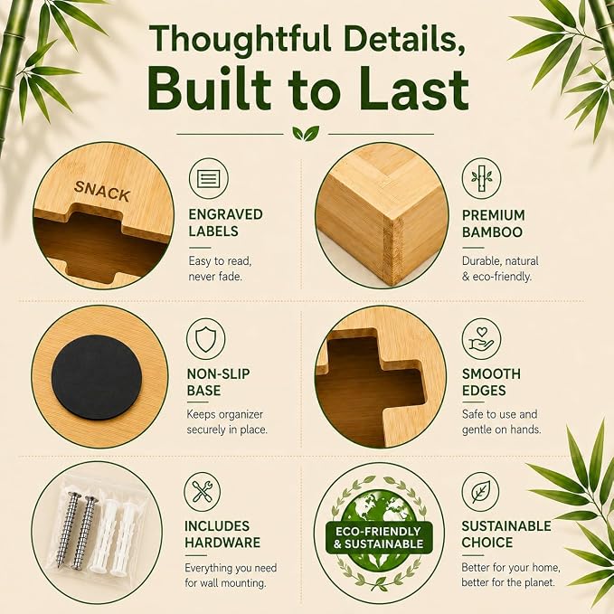 Bamboo Storage Bag Organizer for Drawer | 4-in-1 Baggie Organizer, Kitchen Drawer, Wall Mount & Countertop, Gallon, Quart, Sandwich & Snack, Engraved Labels - Image 6