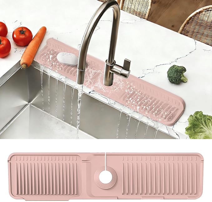 24 Inch Upgraded Draining Mat Folding faucet Mat for Bathroom Sink Splash Guard 7° Slope with Button Lock Water Draining Pad for Kitchen Bathroom Bar(Pink) by KicthMap