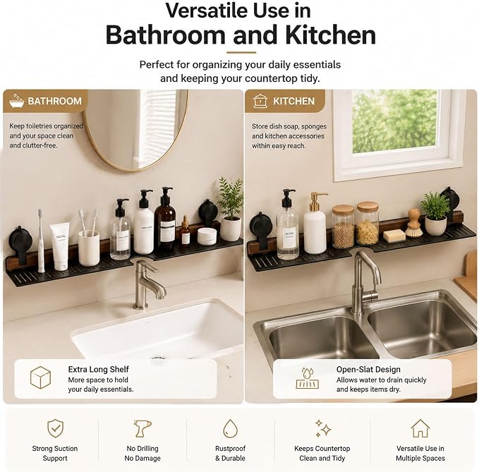 Bathroom Over Sink Shelf, 23.6 Inch No Drill Sink Organizer | Bathroom Counter Storage Rack for Toothbrush, Soap, Skincare and Accessories, Black - Image 6