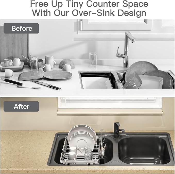 Dish Drying Rack Over The Sink with Utensil Holder | Expandable Stainless Steel Dish Drainer for Small Kitchen, Apartment, RV, Counter Space Saving, Perfect Fit, Rustproof - Image 2