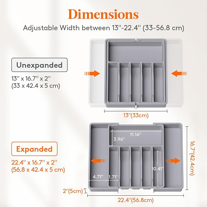 Lifewit Extra Large Silverware Drawer Organizer, Expandable Utensil Tray | BPA Free Flatware Cutlery Holder for Kitchen, Adjustable Plastic Storage for Spoons Forks Knives, 13-22.4 x 16.7", Gray - Image 3