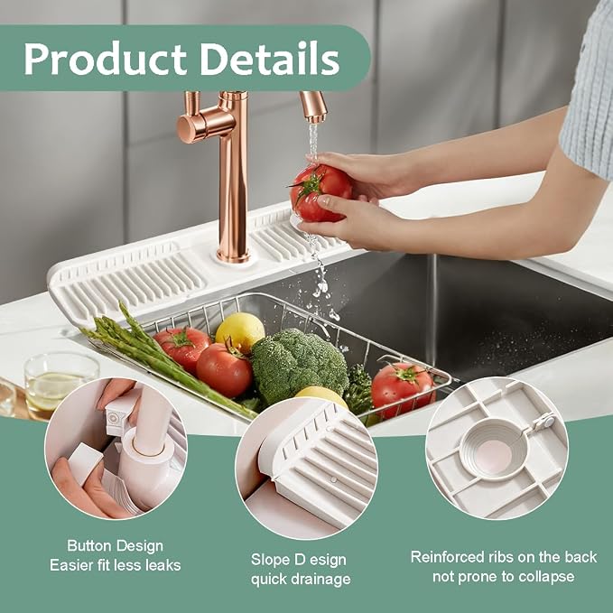 24 Inch Upgraded Draining Mat Folding faucet Mat for Bathroom Sink Splash Guard 7° Slope with Button Lock Water Draining Pad for Kitchen Bathroom Bar(Beige) - Image 3
