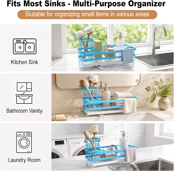 Sponge Holder for Kitchen Sink, Self-draining Sink Caddy with Towel Rack and Brush Holder, Metal Kitchen Countertop Organizers and Storage Essentials, Blue - Image 9