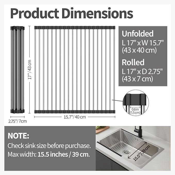 Dish Drying Rack with Roll Up and Over Sink for Kitchen 17"X15.7" (Black) - Image 2