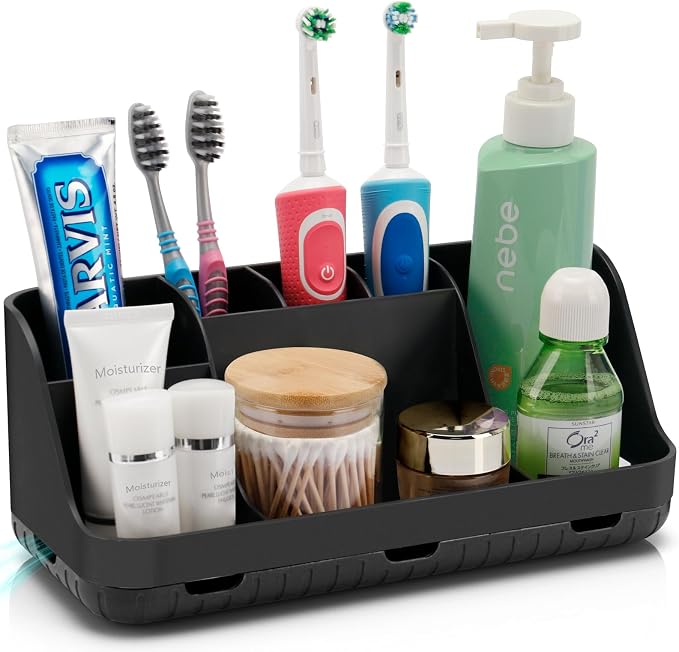 GFWARE Black Toothbrush Holder - 7 Slots Bathroom Organizer Countertop with Drainage Matte Black Electric Toothbrush and Toothpaste Holder for Bathroom Accessories Organization Vanity Sink Storage | Detachable 7 Slots Matte Black Kid Electric Toothbrus... by GFWARE