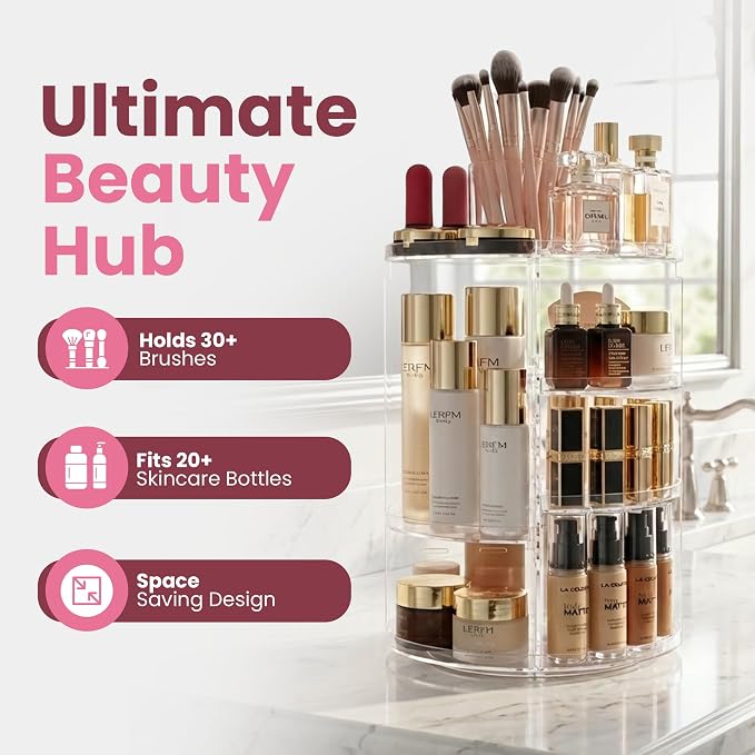 Masirs 360 Rotating Makeup Organizer Countertop, Adjustable Shelf, Clear | 360-Degree Rotating Makeup Organizer, Adjustable Shelf Height, Cosmetic Perfume Skincare Storage, Vanity Countertop, Clear - Image 2