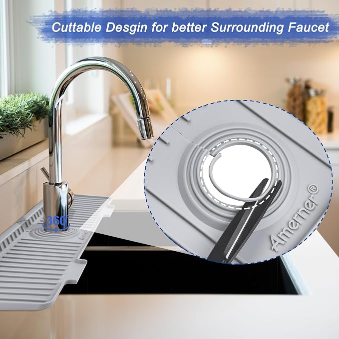 Amerner 20 inch Kitchen Sink Splash Guard, 10° Large Slope & Adaptable Hole Faucet Mat for Kitchen Sink, Silicone Sink Organizer Sponge Holder for Kitchen, Bathroom, RV, Bar, 20” x 5.5”, Gray - Image 5