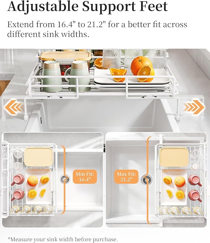 SAYZH Expandable Dish Drying Rack for Kitchen Counter, Metal, White | Foldable Over Sink, Large Capacity, Rust-Resistant, Adjustable for Most Sinks, Automatic Drainage, Removable Utensil Holder - Image 6