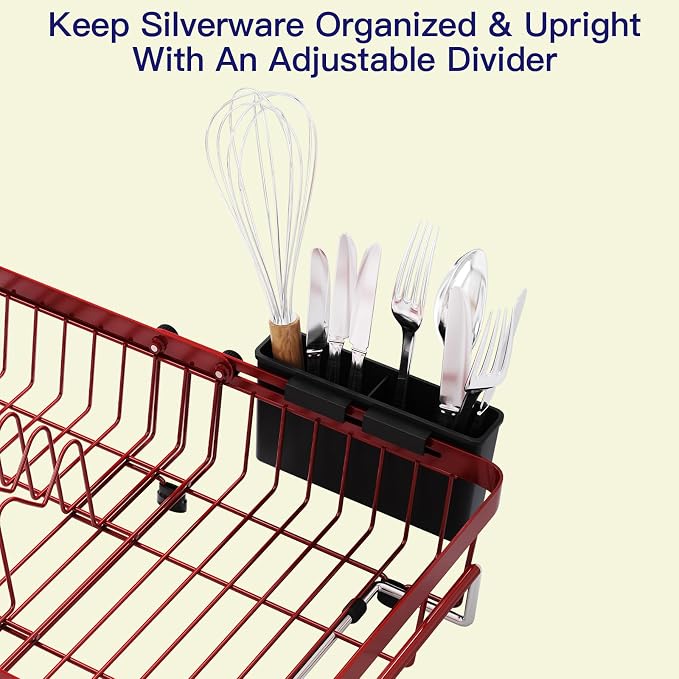 Red Dish Drying Rack Over The Sink with Utensil Holder, Mat | Expandable Stainless Steel Dish Drainer for Small Kitchen, Apartment, RV, Counter Space Saving, Perfect Fit, Rustproof - Image 9
