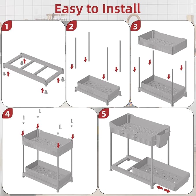 4-Pack 2-Tier Under Sink Organizer with Pull Out Drawers | Multi-use kitchen & bathroom storage. Includes hanging hooks and cups. Gray, space-saving cabinet design. 12.8 Inch - Image 9