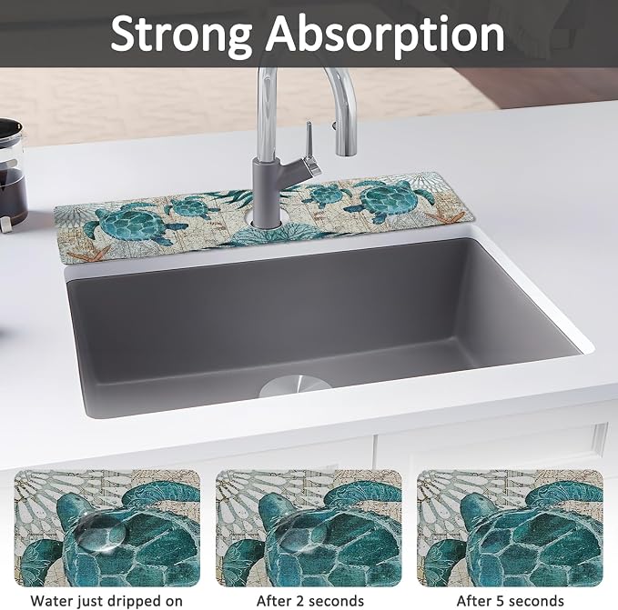 24" X 5.5" Kitchen Sink Splash Guard Faucet Mat Sea Turtles Super Absorbent Fast Drying Faucet Guard & Draining Mat Sink Splash Guard Behind Faucet for Kitchen, Bathroom - Image 3