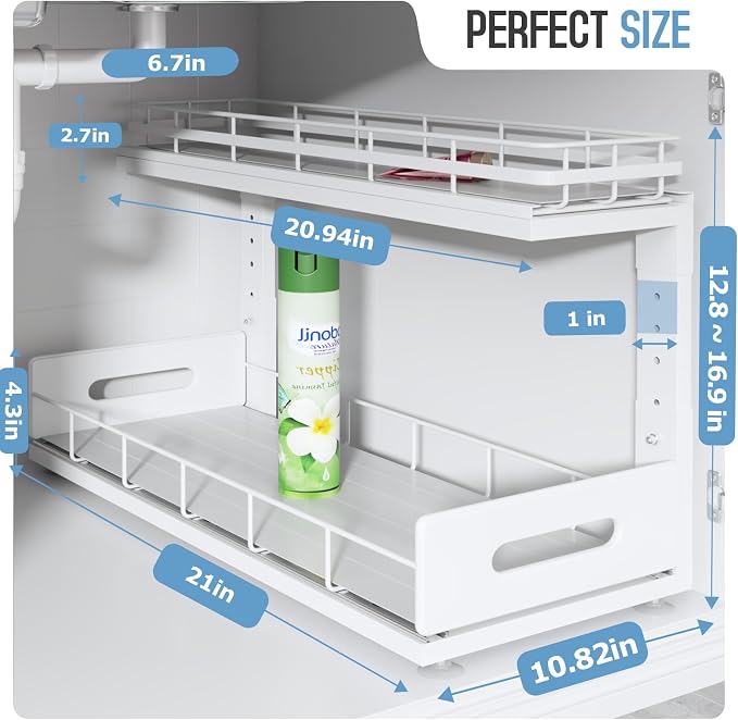 Under Sink Organizer Upgrade To Professional Rails,2-Tier Dual Pull Out Cabinet Storage,Height Adjustable Slide Out Drawers For Bathroom Kitchen,2 Pack-21"Dx12.8"-16.9"H,White - Image 2