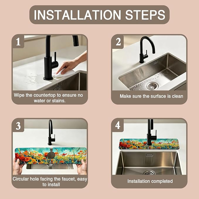 Kitchen Faucet Mat Floral Abstract Oil Painting Sink Splash Guard Behind Faucet Draining Mat Kitchen Accessories Non-slip Easy to Clean for Bathroom & Kitchen 24"X5.5" - Image 4