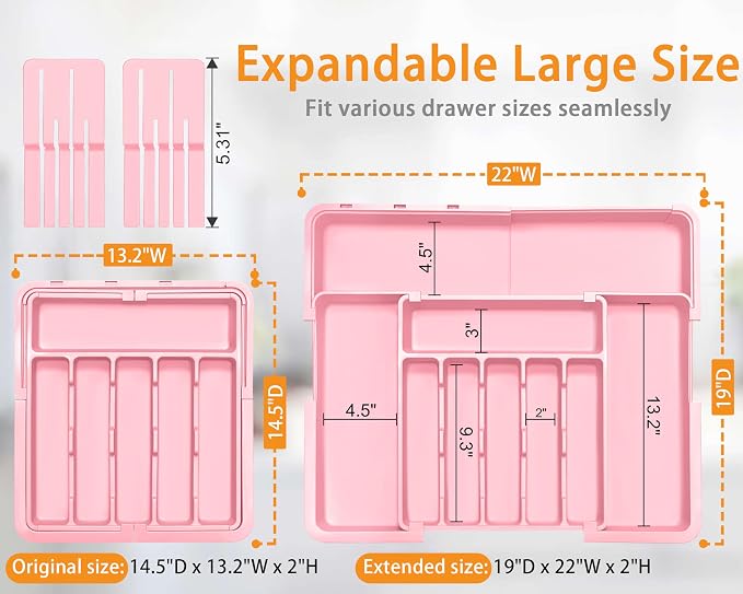 Silverware Organizer - Expandable Large Kitchen Drawer Organizer Utensil Organizer with 2 Knife Block Inserts, 22"x 19"Cutlery Tray with Drawer Dividers for Kitchen Flatware (Pink) - Image 2
