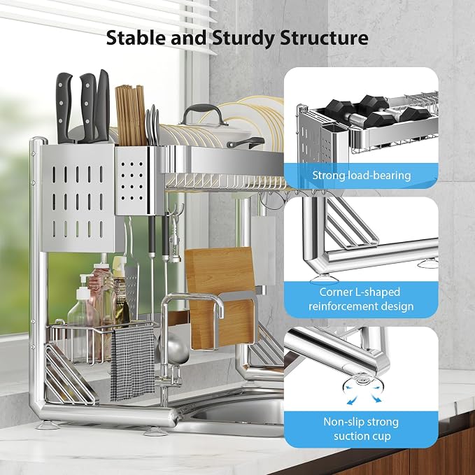 Over The Sink Dish Drainer Drying Rack 2 Tier Adjustable Width | 304 Stainless Steel Large Expandable Storage Kitchen Counter Organizer (Silver, 20.87'' to 37.6'') - Image 3