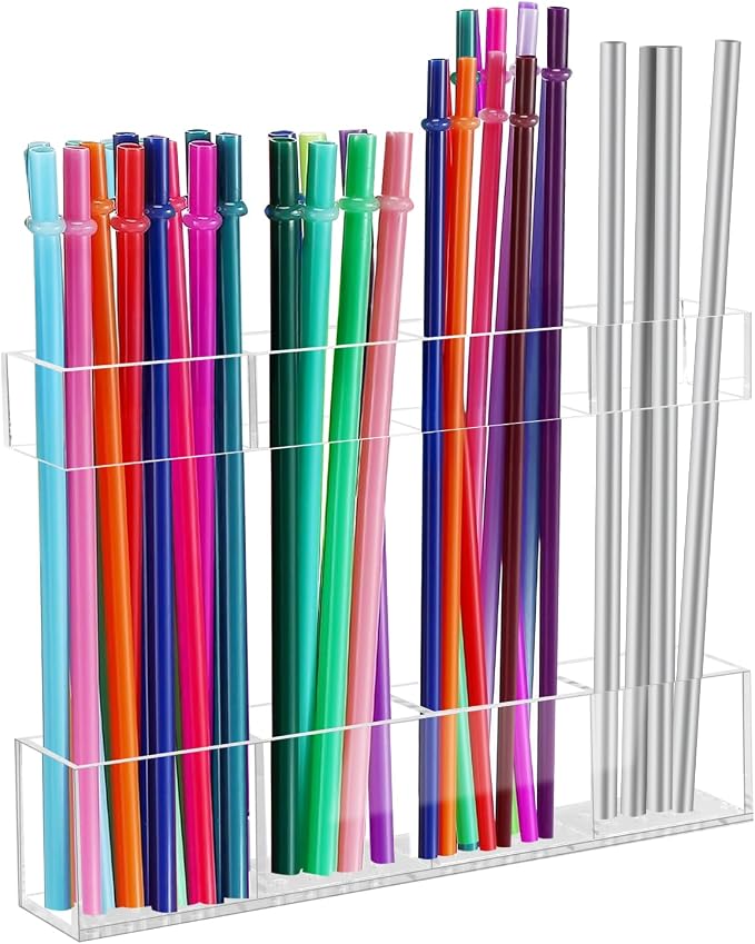 7.5" Small Acrylic Straw Holder for Cabinet Door - Reusable Tumbler Straw Organizer Storage, Small Kitchen Accessories Container, Ultra Sticky Cupboard Door Mounted (Transparent) by Malldii