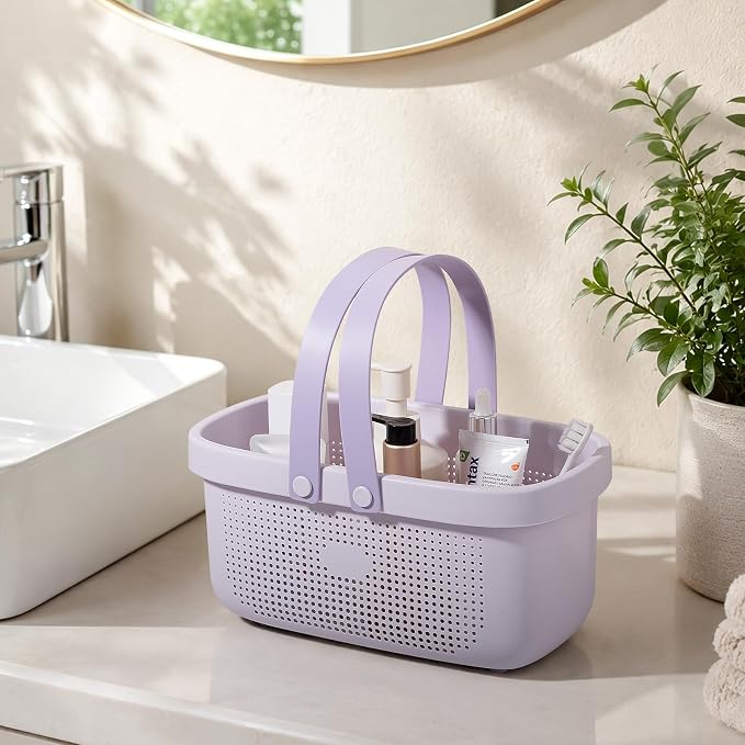 Portable Shower Caddy Basket with Handles Plastic Storage Basket ‌Purple | Sturdy Drainage Large Capacity Organizer Basket with Silicone Handles for Bathroom Kitchen Bedroom College Dorm Essentials - Image 2