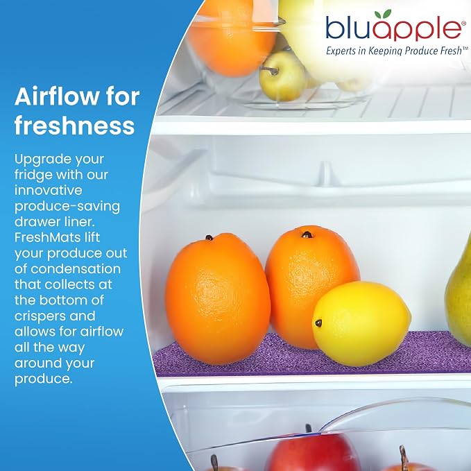 Bluapple FreshMats, Refrigerator Bin Liner, Fridge Drawer Mats, Crisper Life Extender Liner Keeps Produce Fresh Longer, Anti-Bruising, for Air Circulation, Washable & Reusable (4-Mats, 12x15, Purple) - Image 3