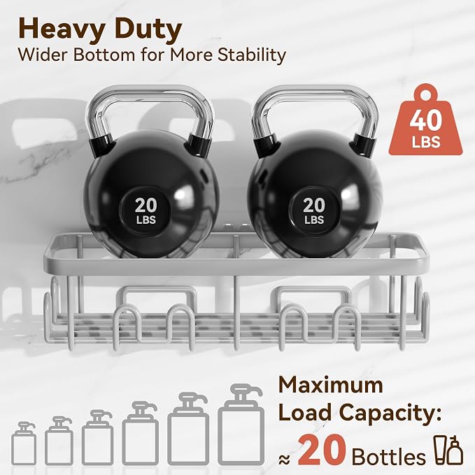 Shower Caddy Adhesive, Rustproof Shower Organizer, Wall Shower Rack | Large Capacity Shower Shelves for Inside Shower, Shampoo Shower Holder, Grey, 2 Caddies, 2 Soap Dishes, 1 Toothbrush Holder - Image 4