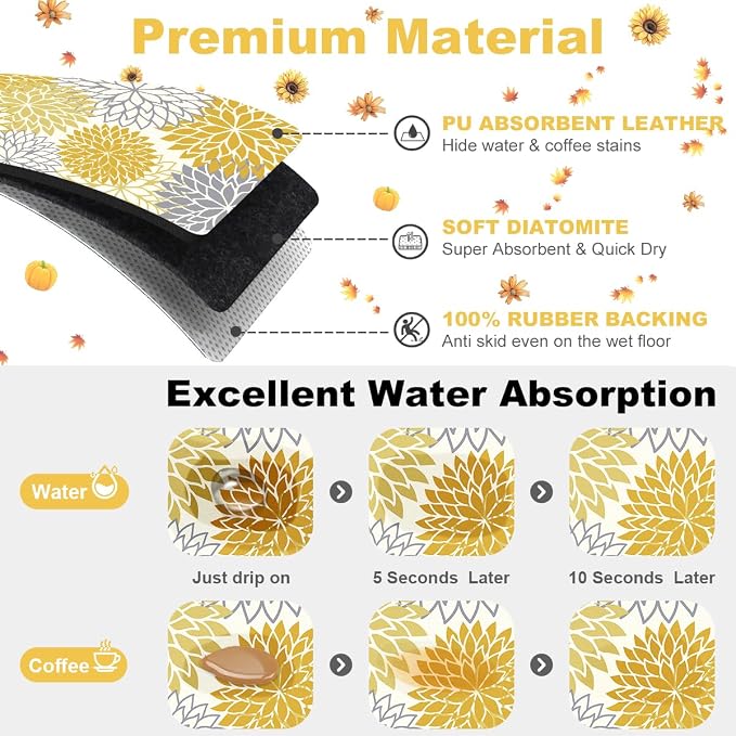 Findosom 2PCS 16" x 24" Fall Dish Drying Mat & 24" x 5.5" Sink Splash Guard, Super Absorbent & Cuttable Dish Mat Drying Kitchen Mat with Yellow Floral, Hide Stain Drying Mat for Kitchen Counter - Image 3