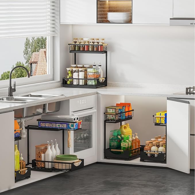 Under Sink Organizer and Storage for Bathroom and Kitchen - 2 Pack 2 Tier | Cabinet Pull Out Shelf Organizers - Slide Out Drawer Organization for Home Cabinets Shelves and Drawers - Image 6
