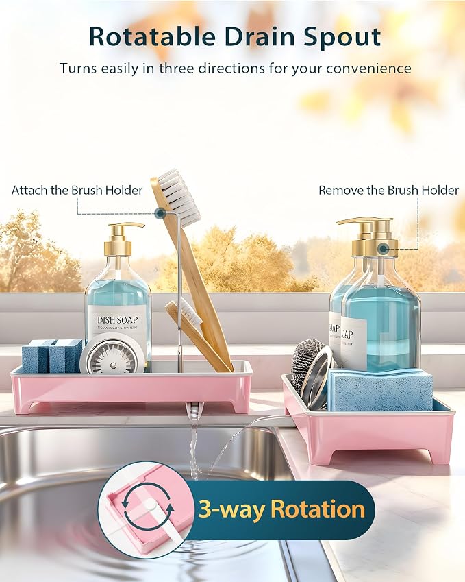 Minimalist Sink Caddy, Rustproof Sponge Holder for Kitchen Sink Pink | Large Rustproof countertop organizer with 304 stainless steel brush holder, raised ridges and silicone drain tube - Image 5