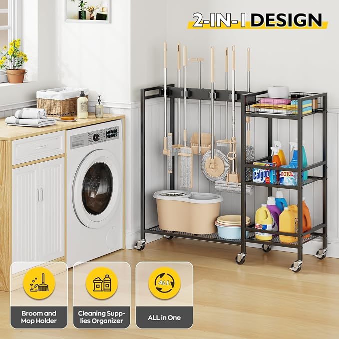 Broom Holder with Cleaning Supplies Organizer, Movable Broom Closet Storage Cabinet with Cleaning Caddy, Cleaning Cart with Mop Rack, Janitorial Housekeeping Cart on Wheels, Laundry Room Organization - Image 3