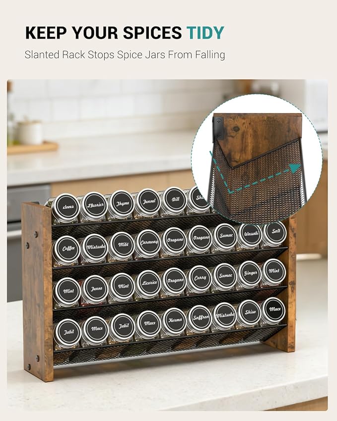 Spice Rack Organizer with 36 Glass Jars, for Cabinet Wall Mount Countertop | 4-Tier Seasoning Organizer with Labels, Chalk Marker & Funnel for Pantry, Kitchen Storage, Wood, 17.2 in W x 9.4 in H - Image 3
