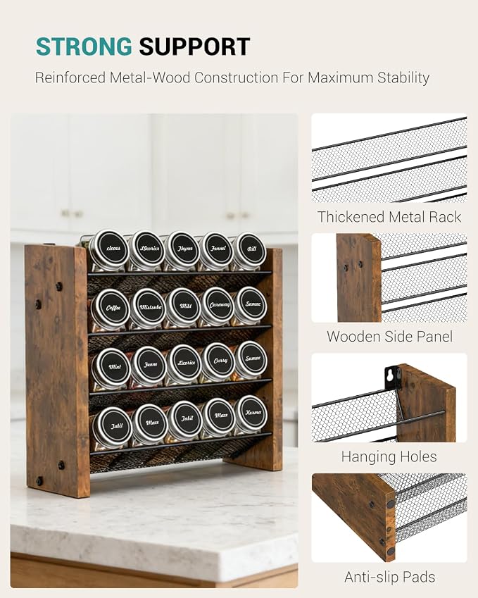 Spice Rack Organizer with 20 Glass Jars, for Cabinet Wall Mount Countertop | 4-Tier Seasoning Organizer with Labels, Chalk Marker & Funnel for Pantry, Kitchen Storage, Wood, 10.3 in W x 9.4 in H - Image 8
